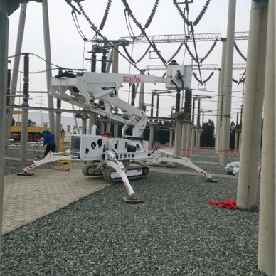 Spider-like robotic machine operating in an electrical substation.