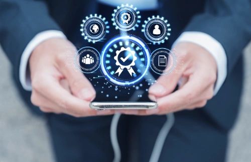 Person holding phone with digital certification icons.