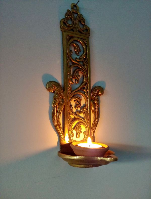 Peacock - Indian Brass Wall Diya / Oil Lantern for Puja