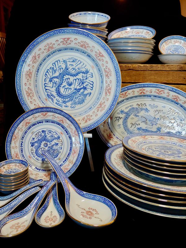Chinese Blue and White Dinnerware Jindezghen Dishes - rice bowls - spoons - serving platter