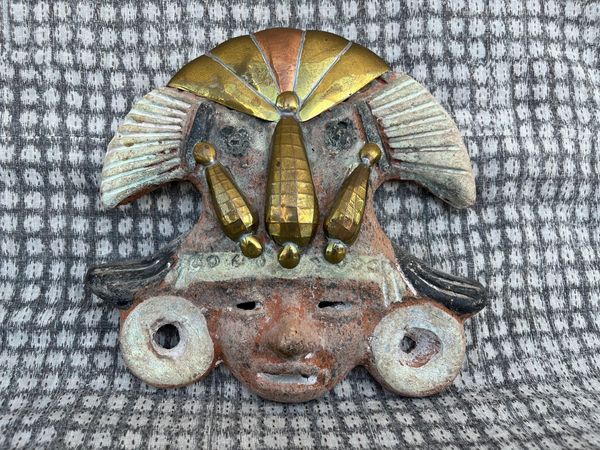 Vintage Aztec CORN GOD Mask Replica Rough Clay with Brass and Copper Mayan Mexican Folk Art Plaque T