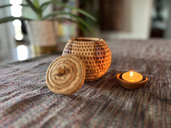 Vintage Zulu Basket Herb Container with Lid, Traditional South African Tribal Handwoven Basketry Pot