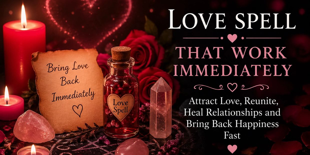 Love spell setup with candles, crystals, and a note saying 'Bring Love Back Immediately.'