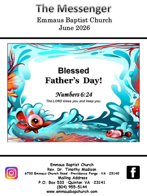 Church newsletter cover wishing a Blessed Father's Day with a Bible verse and colorful aquatic design.