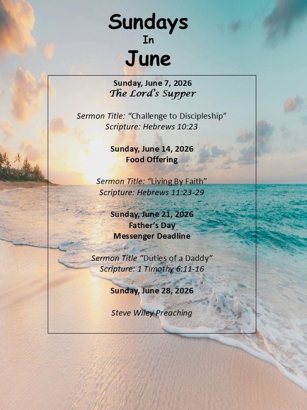 June 2026 Sunday church schedule with sermon titles and scripture references on a serene beach background.