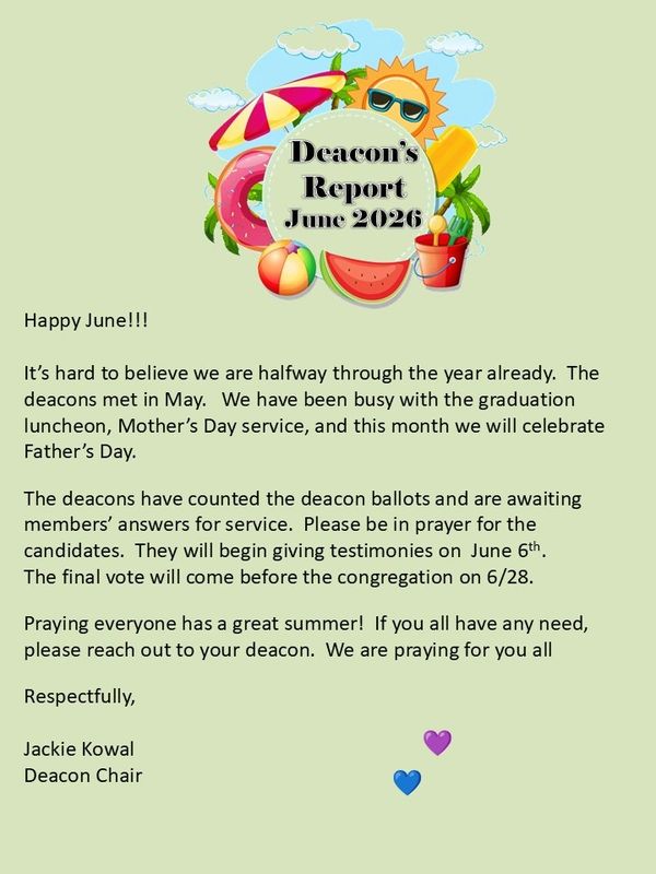 June 2026 Deacon's Report with summer-themed graphics and a message from the Deacon Chair.