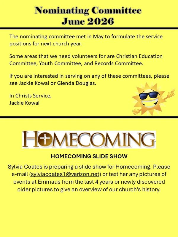 Church announcements for Nominating Committee and Homecoming slide show.