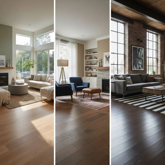 Three different living rooms with distinct styles and flooring.
