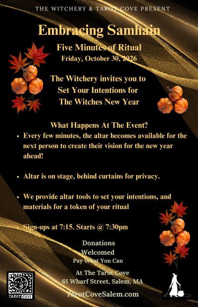 Samhain ritual event flyer for setting intentions and creating altar visions.