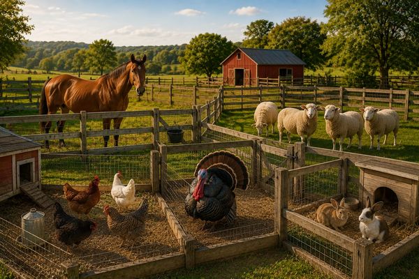 Farm animals including a horse, sheep, chickens, a turkey, and rabbits in fenced enclosures.