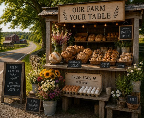 Rustic farm stand offering fresh bread, eggs, flowers, and herbs by a country road.