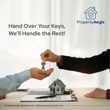Handing over house keys with Property Aegis logo and contact info.