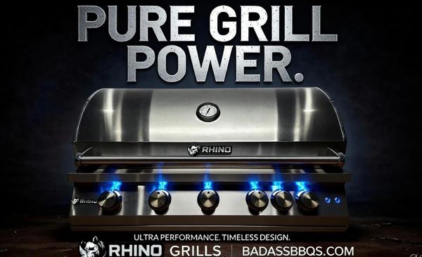Sleek Rhino grill with blue flames under the knobs.