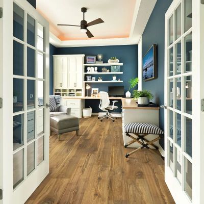 Bright home office with navy walls, wooden floors, and white French doors.