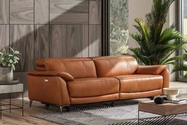 Modern brown leather sofa in a stylish living room with plants and wooden accents.