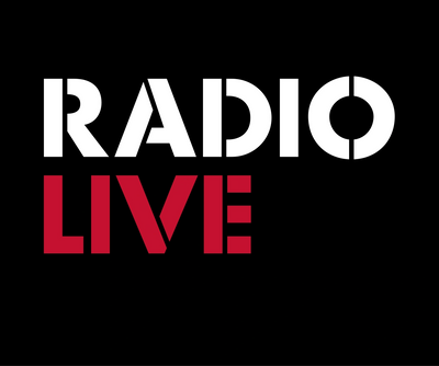 Bold text logo with 'RADIO LIVE' in white and red on black background.