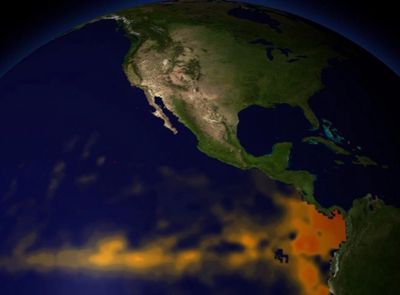 Satellite view showing North and Central America with highlighted atmospheric patterns.
