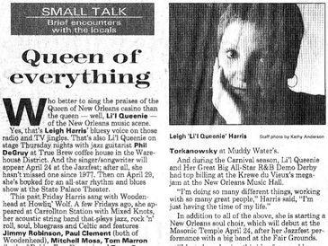 Newspaper article praising New Orleans casino singer Li'l Queenie.