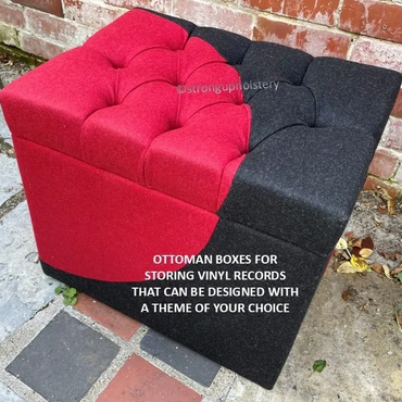 Dual-colored ottoman box designed for storing vinyl records.
