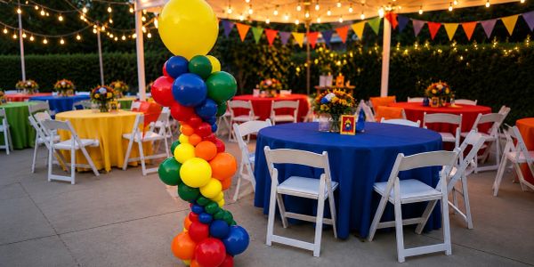 Colorful outdoor party setup with balloon column and decorated tables.