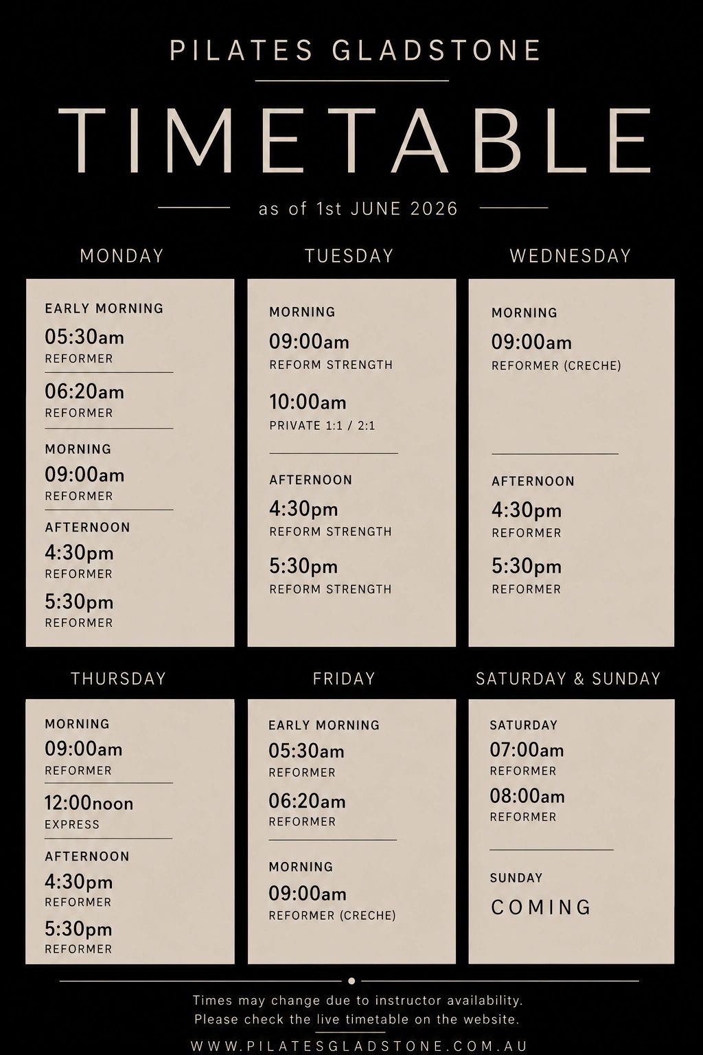 Pilates Gladstone timetable showing class times from Monday to Sunday starting June 1, 2026.