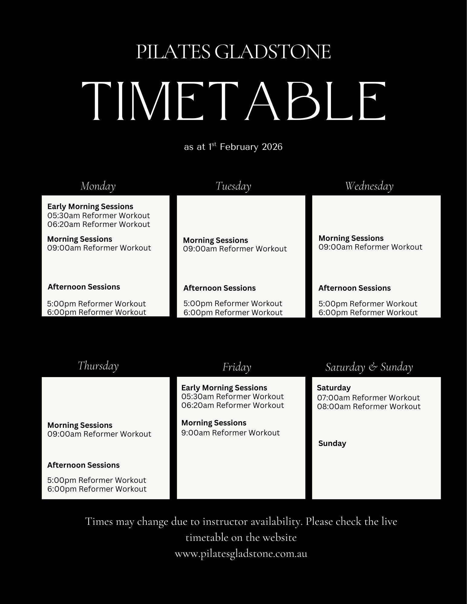 Pilates Gladstone weekly timetable for Reformer Workout sessions starting February 2026.