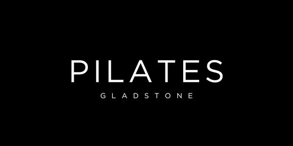 Minimalist logo for Pilates Gladstone on black background.
