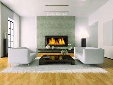 View on the modern interior with fireplace 3D rendering