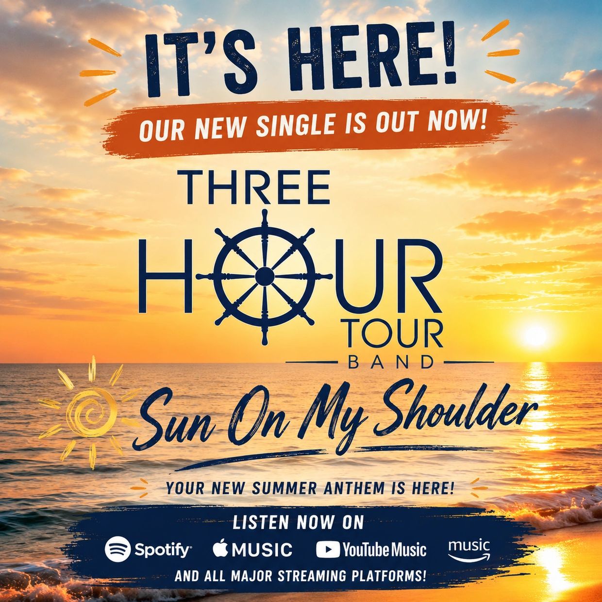 Announcement for Three Hour Tour Band's new single 'Sun On My Shoulder' with a sunset beach background.