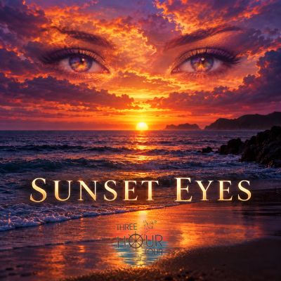 Sunset over ocean with eyes in the sky and title 'Sunset Eyes'.