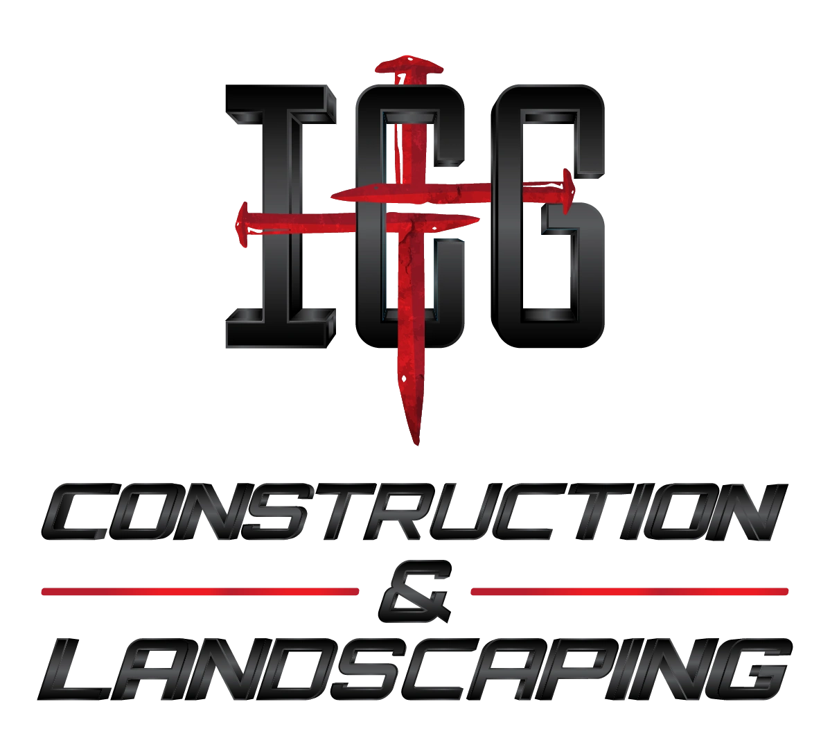Black and red ICG logo with red nails forming a cross, and text Construction &; Landscaping below.
