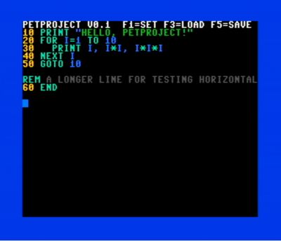 Retro computer screen showing BASIC code output with colored text on black background.