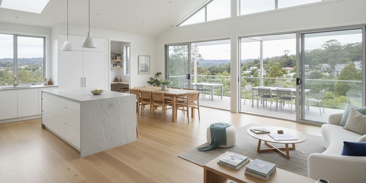 Bright, spacious open-plan kitchen and living area with large windows and natural light.