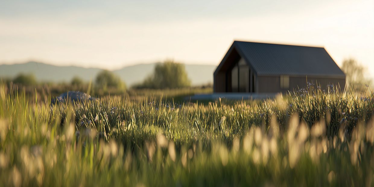 Modern cabin nestled in a sunlit meadow with blurred wildflowers in foreground.