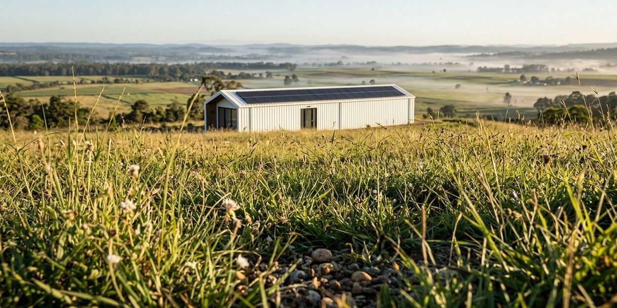 Modern farmhouse with solar panels in a vast rural landscape.