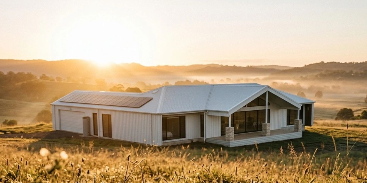 Modern white house with solar panels in a sunlit rural setting.