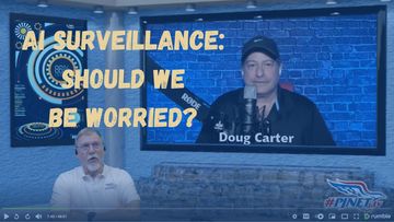 two men on a podcast overlayed with title, AI Surveillance: Should We Be Worried?