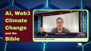 two men on a podcast with title, AI, Web3, Climate Change, and the Bible