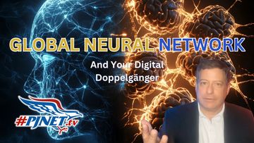 Juxtaposition of a digital human connected to digital brains and the title, Global Neural Network