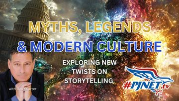 A mythological rainbow-colored stone skin figure is juxtaposed with the US Capitol building