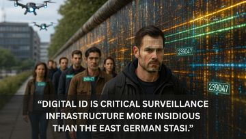 Group of people tagged with digital IDs walking beside a digital wall