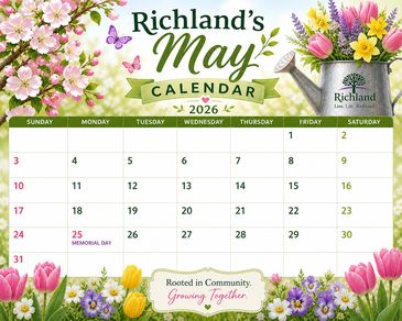 Richland's May 2026 calendar with floral decorations and community theme.