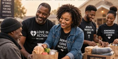 Volunteers joyfully distributing food and essentials to those in need.
