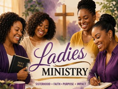 Four women joyfully engaging in a Ladies Ministry gathering with a Bible and notebooks.