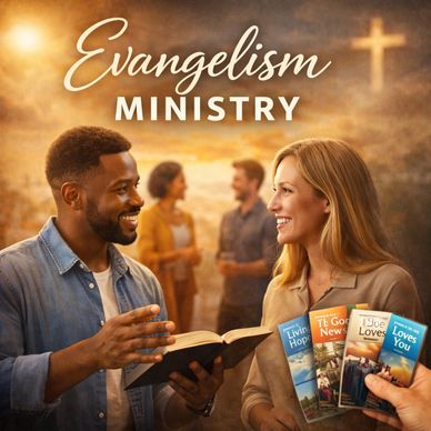 Two people sharing the gospel with smiling faces and Christian literature.