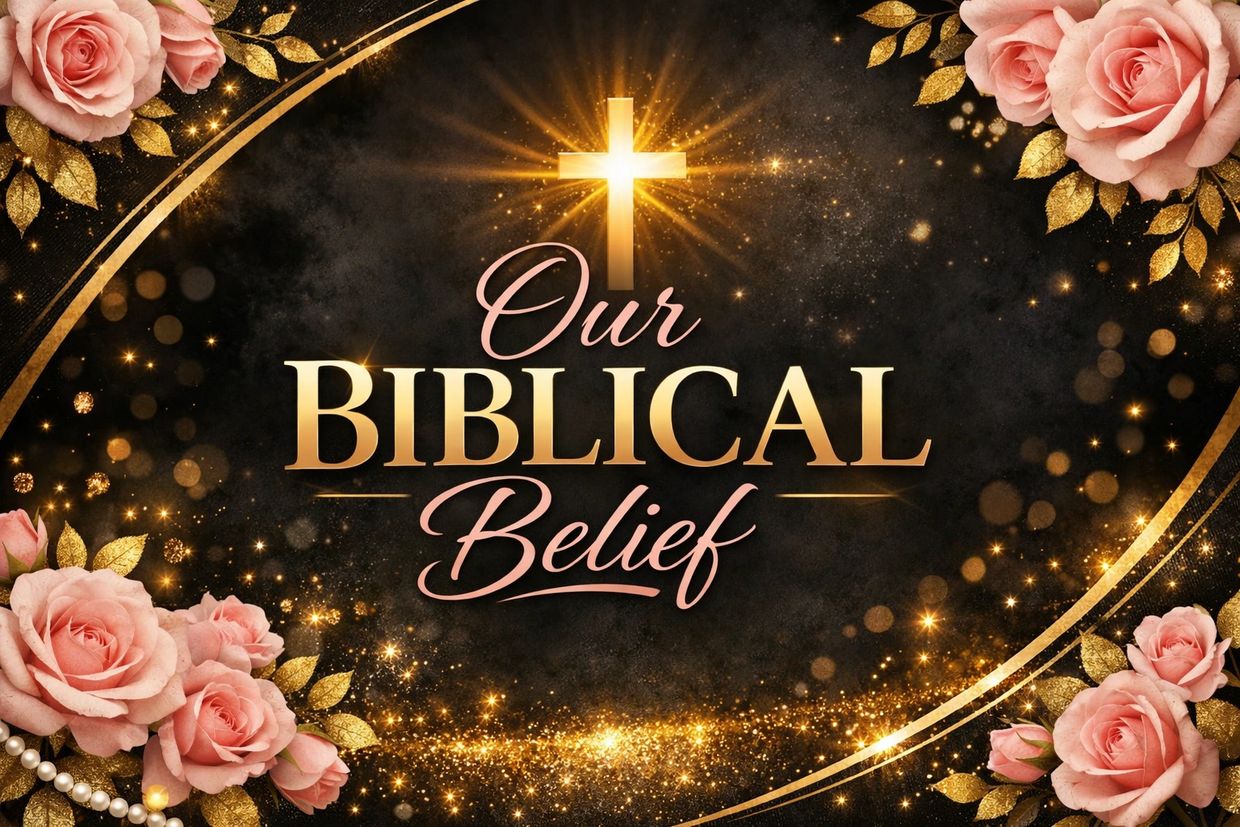 Elegant design with glowing cross and roses featuring 'Our Biblical Belief' text.