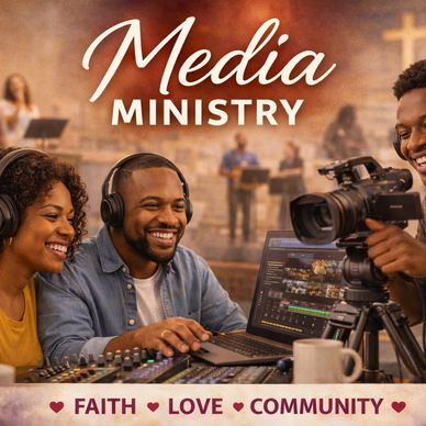 People happily working in a church media ministry setting.