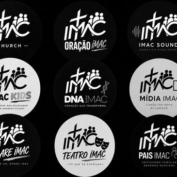 Collection of IMAC ministry logos on black and white backgrounds.