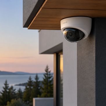 Security camera mounted outside a modern building at sunset.