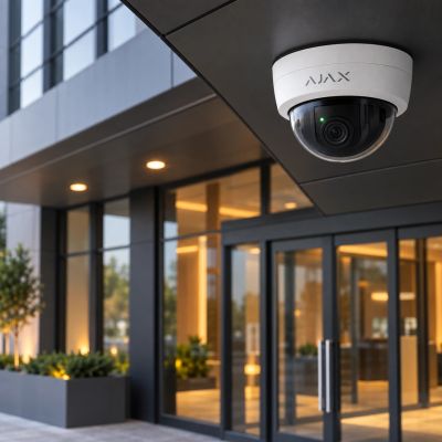 Surveillance camera mounted outside a modern building entrance.